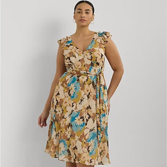 Lauren Ralph Lauren Floral Print Belted Georgette Dress 16W Polyester  NWT 6144 - Picture 1 of 10